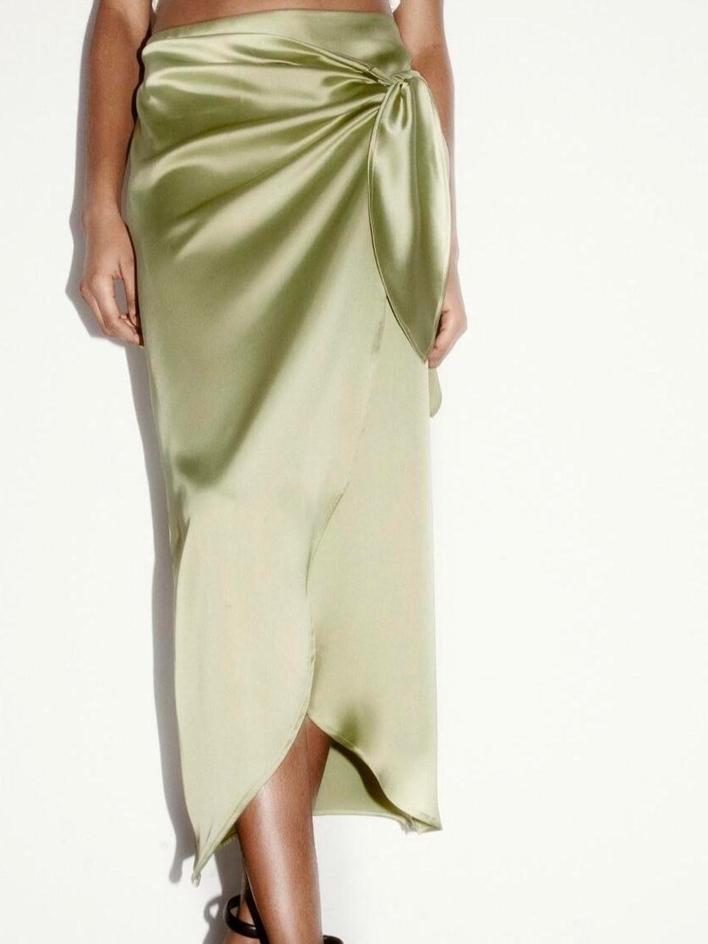 Zara Satin Tie Green Midi Skirt